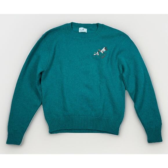 VTG Flying Scotsman Sweater Women;s Size L Green Wool Embroidered Ducks USA 90s - Picture 1 of 6
